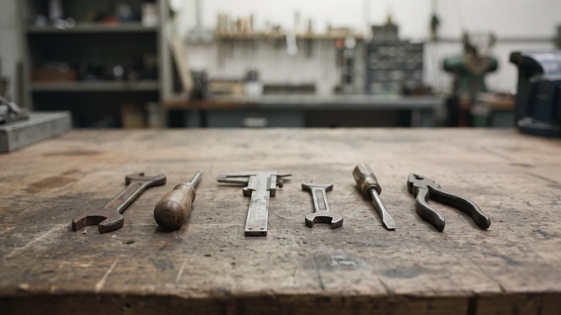 A workshop bench with hand tools laid out in a neat row, a pegboard wall behind.