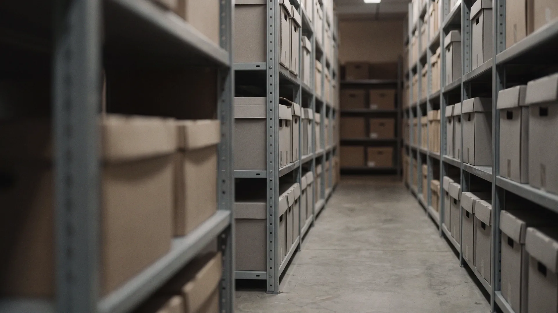 A long empty aisle between tall filing shelves, daylight from a window at the far end, heavily defocused.