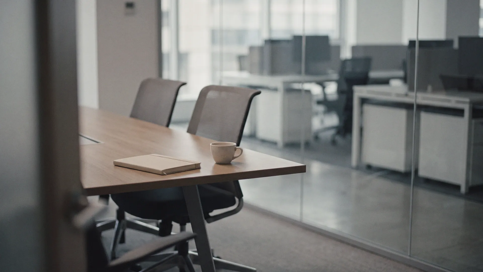 An empty meeting room after the meeting, two chairs and a closed notebook, seen past a glass wall, heavily defocused.