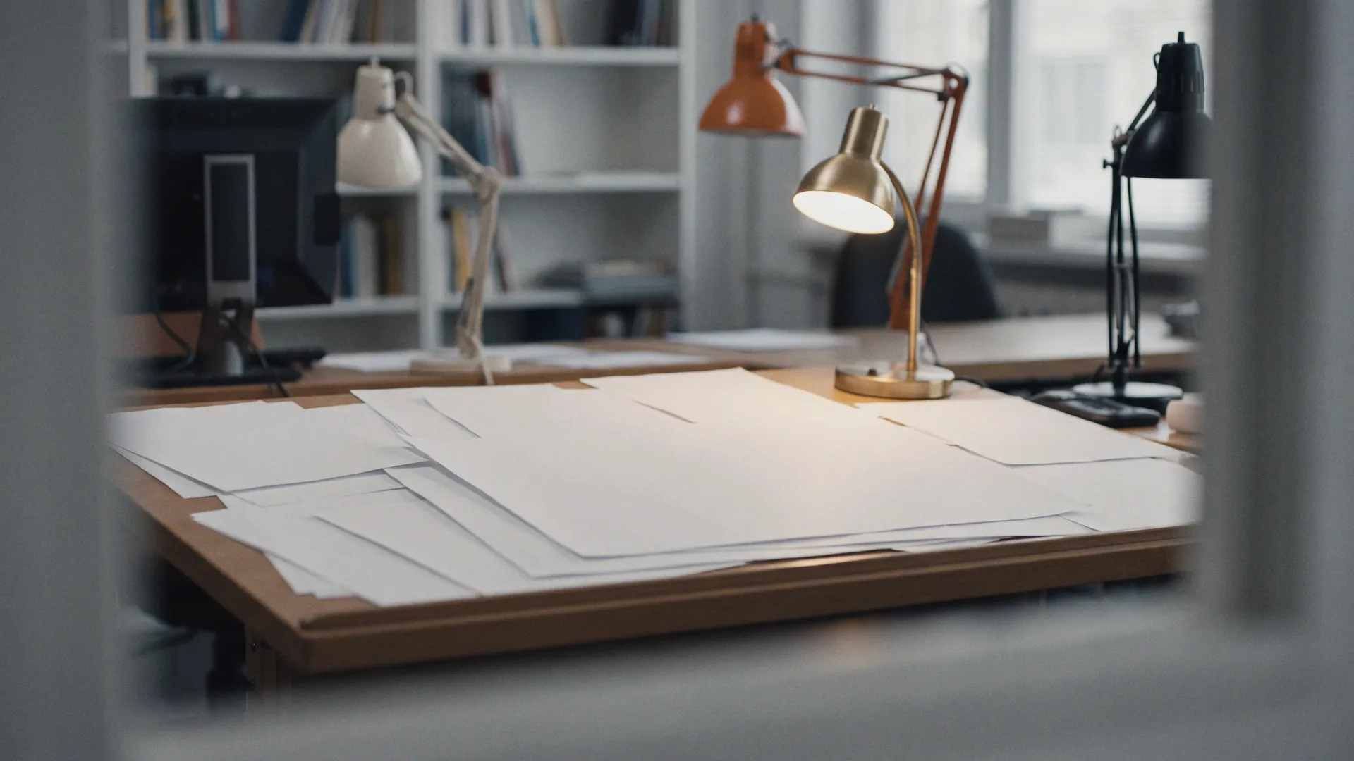 A drafting desk of layered blank papers under a desk lamp, seen past a glass partition, heavily defocused.