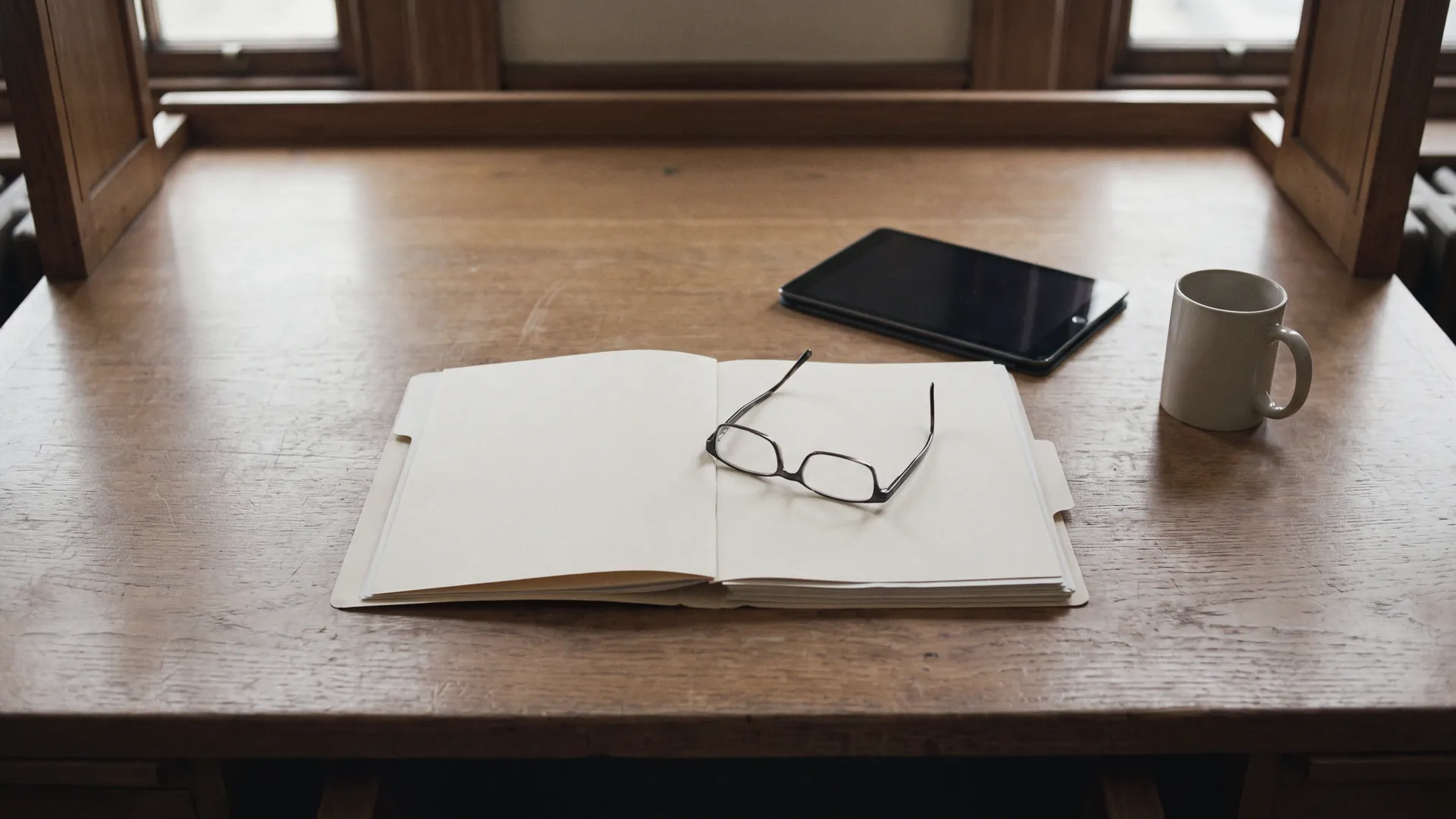 A desk with an open case file of blank papers, reading glasses resting on the pages, a tablet and a mug alongside.